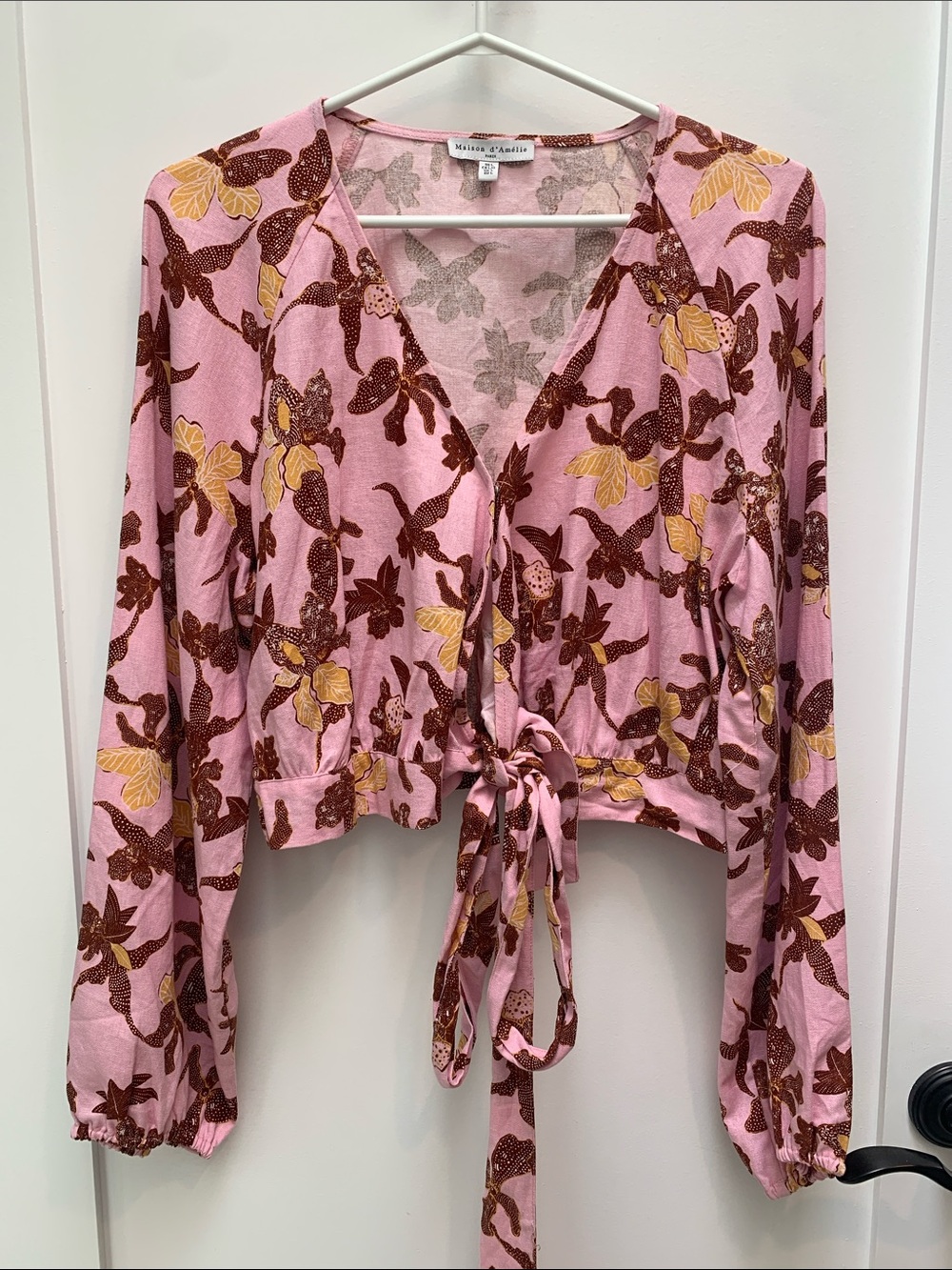 Maje Pink Floral Tie-Front Cropped Top